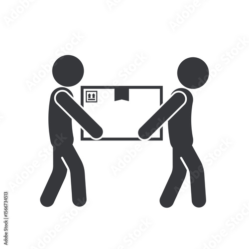 Isolated pictogram icon showing two people lifting a cardboard box together, symbolizing heavy package warning, fragile content, and careful handling.