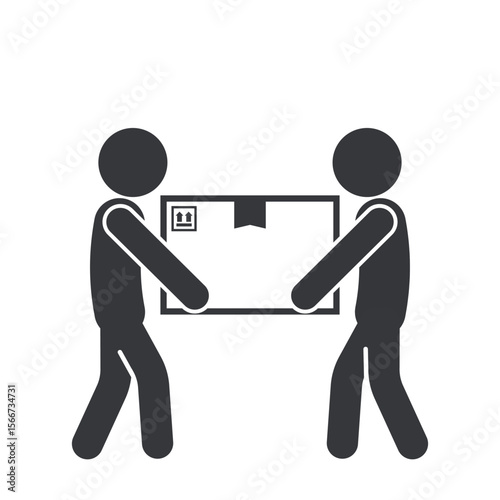 Isolated pictogram icon showing two people lifting a cardboard box together, symbolizing heavy package warning, fragile content, and careful handling.