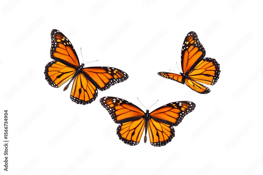 Obraz premium Three monarch butterflies arranged artistically, orange and black wings, white spots, different flight positions, isolated on a transparent background