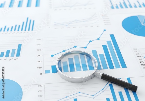 Magnifying glass over financial charts and graphs showing data analysis and growth