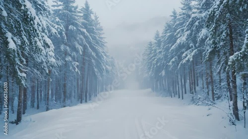 Wallpaper Mural A snowy path through the forest with tall trees covered in snow on a foggy winter day scene view. Snow-covered forest in winter. Misty trees along woodland path. Frosty pine trail in nature Torontodigital.ca