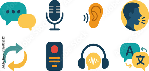 Flat vector icons set, speech and voice technology. Conversation bubbles, microphone, listening ear, speaking person, sync arrows, voice recorder, audio translation, language switch