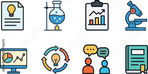 Flat vector icons of scientific research. Hypothesis document, laboratory experiment, data collection chart, results analysis, scientific method cycle,  research publication
