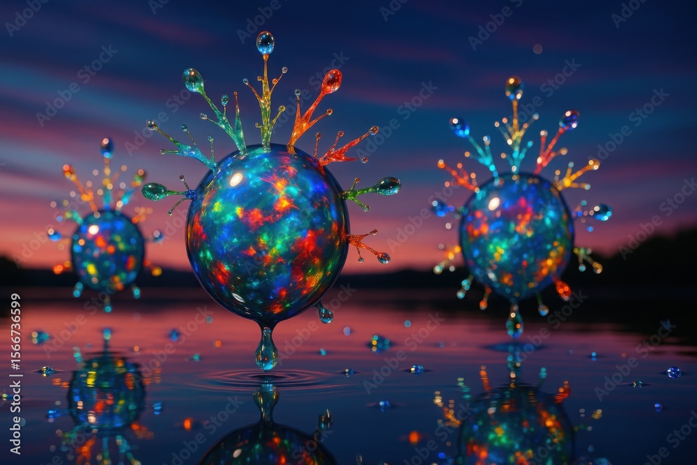 Fototapeta premium Celestial Spark Opal Orbs Illuminating Rainbow Lake Surface at Dusk