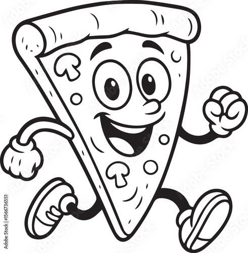 A cartoon slice of pizza with a smiling face and large eyes, running joyfully. line art vector illustration 