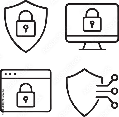 cyber security icon set. data and network protection symbol for app, ui, website. computer and technology protection line art vector illustration. 