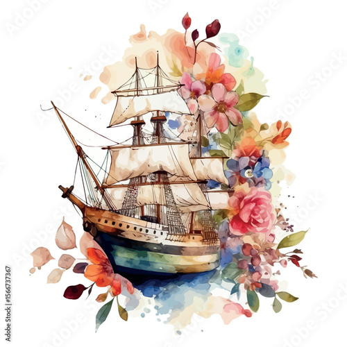 An isolated vintage wooden pirate ship model with tattered sails and a treasure map