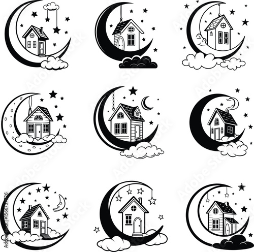 house and moon Moon with Mosque Laser Cutting Vector Silhouette, Black Islamic Crescent with Lanterns, Eid Mubarak Logo, and Religious Fasting Photo Frame Design
