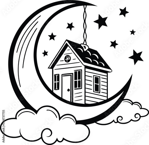 house and moon Moon with Mosque Laser Cutting Vector Silhouette, Black Islamic Crescent with Lanterns, Eid Mubarak Logo, and Religious Fasting Photo Frame Design