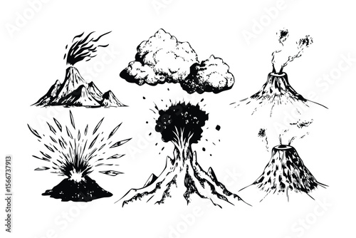 Volcanic Eruption Vector Engraving Set. Detailed Monochrome Geology Illustrations. Vintage Stipple & Hatching Style Icons & Symbols