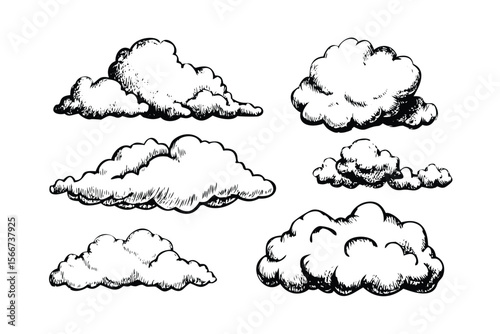 Cloud Puffs Vector Engraving Set. Detailed Monochrome Sky Elements. Vintage Stipple & Hatching Style Icons & Symbols