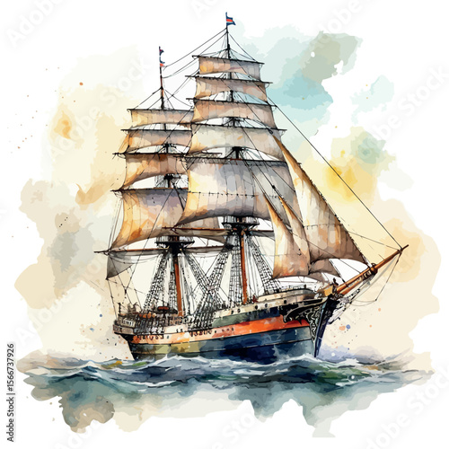 A vintage pirate frigate sails the vast ocean, its tall mast cutting through the sky on an adventurous marine voyage
