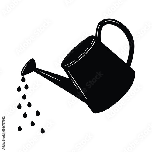 Simple silhouette of a vintage watering can tilted to the side with water droplets falling from the spout perfect for garden or home decor designs