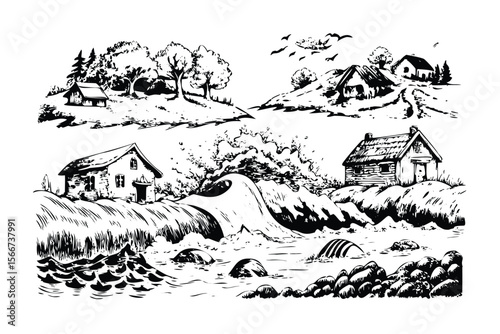 Flood Disaster Vector Engraving Set. Detailed Monochrome Environmental Illustrations. Vintage Stipple & Hatching Style Icons & Symbols