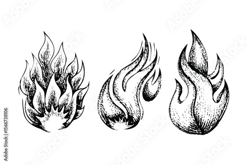 Fire & Flame Shapes Vector Engraving Set. Detailed Monochrome Abstract Illustrations. Vintage Stipple & Hatching Style Icons & Symbols