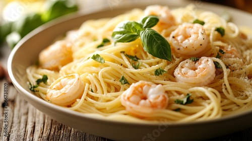 delicious shrimp spaghetti pasta with fresh basil and herbs