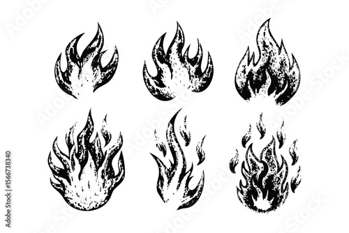 Fire & Flame Shapes Vector Engraving Set. Detailed Monochrome Abstract Illustrations. Vintage Stipple & Hatching Style Icons & Symbols