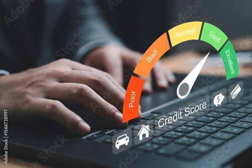 Close-up of hand typing on a laptop with a credit score gauge displayed. The gauge indicates varying levels of credit quality from poor to excellent for highlighting the importance of financial health