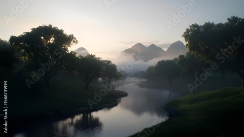 Misty morning landscape, tranquil river winding through a valley with lush greenery and silhouettes of trees.  Mountain range in the distance