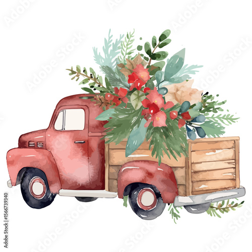 Old-fashioned red car with blooming flowers, a classic antique automobile