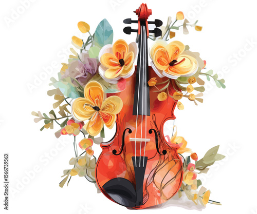 Elegant wooden violin with delicate flowers, a classic musical instrument evoking the beauty of melody and art