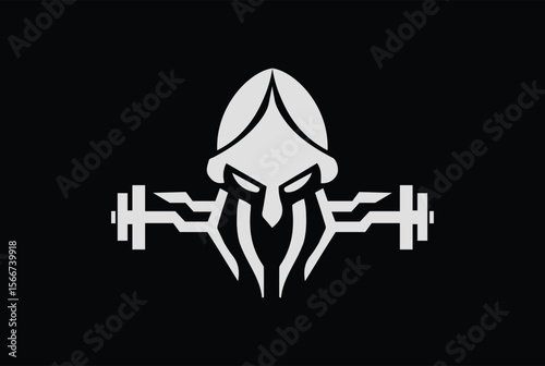 awesome spartan helmet logo design, spartan logo with barbell.