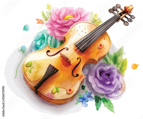 Elegant wooden violin with a classic bow amidst delicate flowers and a single rose, perfect for illustrating classical music and art