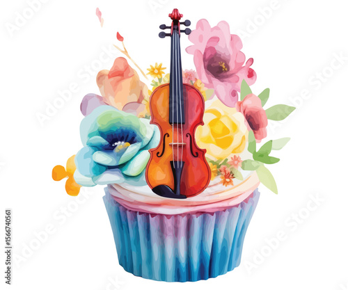 An elegant antique wooden violin with a bow rests isolated amidst a classical arrangement of roses and other flowers, ready to make music