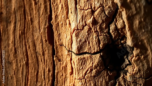 Close up of weathered wood showing cracks and rough texture with a dark hole in the surface