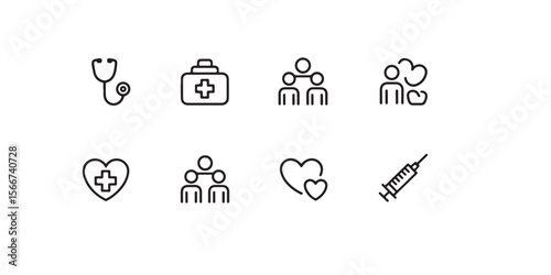 A collection of eight simple black and white medical and health related line art icons on white