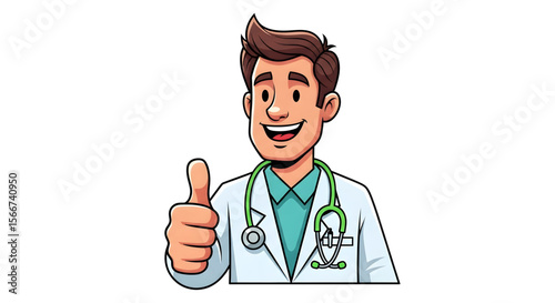 A smiling professional doctor in uniform, wearing a stethoscope, shows a thumbs-up sign for health and medical care
