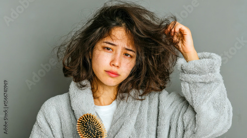 Young woman with messy, tangled hair looking frustrated while holding a hairbrush, conveying hair care problems and morning struggle