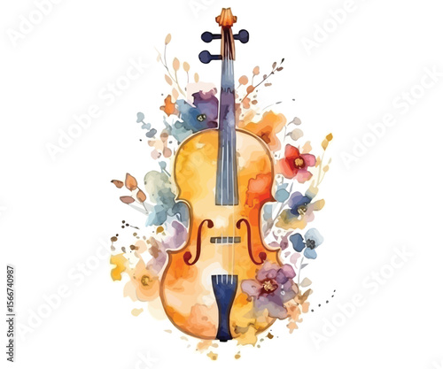 A classic wooden string instrument, like a violin or viola, with its bow, isolated on white, ready to produce classical orchestra melodies