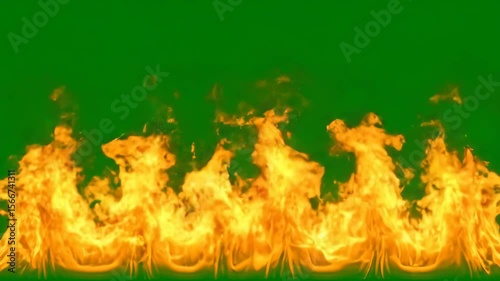 Green screen with orange flames suitable for video editing, special effects, movie productions, and creating realistic fire animations. Graphic Resources flames.