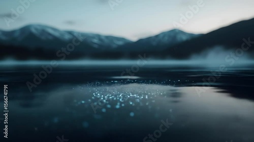 Calm water surface reflects serene mountain range.  Icy specks sparkle on the water's edge.  Misty, tranquil scene