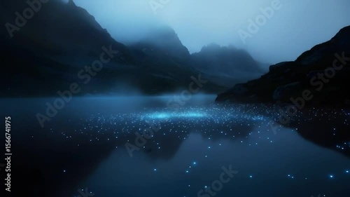 Misty mountain lake at night, glowing bioluminescent creatures