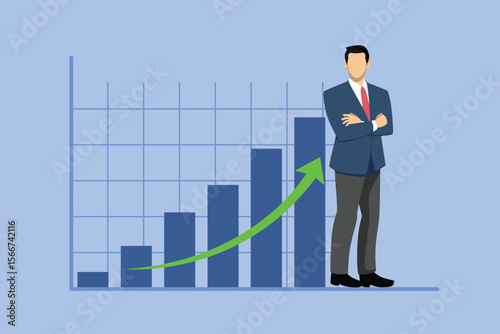 Businessman standing with crossed hands and leaning on rising profit growth graph. Investment profit growth, financial advisor. Make money to get rich or increase earning or income.