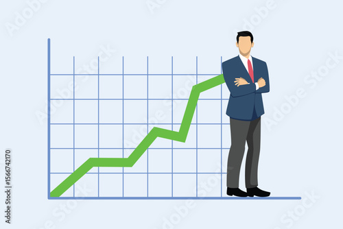 Businessman standing with crossed hands and leaning on rising profit growth graph. Increase earning or income. Modern vector illustration in flat style
