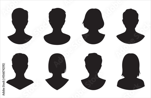 Set of diverse human head and shoulder silhouettes with different hairstyles silhouette