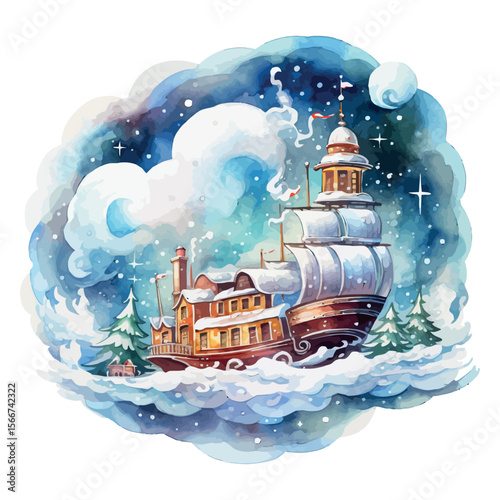 Cartoon vector illustration of a toy pirate ship sailing the ocean under a summer sky