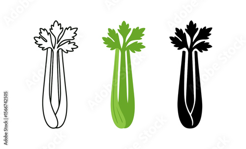 Celery trio design with outline, color, and silhouette variations