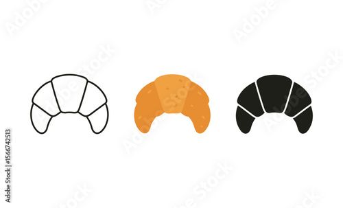 Minimalist croissant icons in three styles: outline, colored, and silhouette