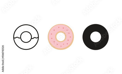 Evolution of a donut: outline, colorful icing, and silhouette
