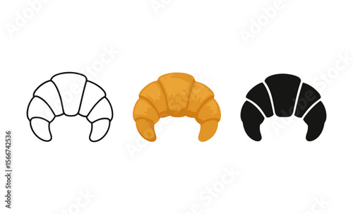 Croissant icon set: outline, color, and silhouette variations for design