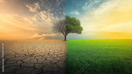 Climate change transition nature landscape environmental visual split environment dramatic contrast awareness concept