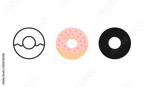 Donut evolution: outline, colorful pink frosting, and silhouette