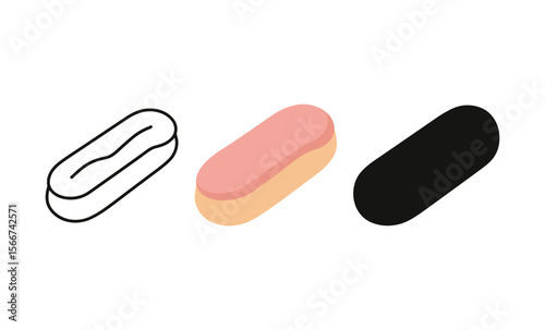 Minimalist evolution of eclair: outline, color, silhouette on white background