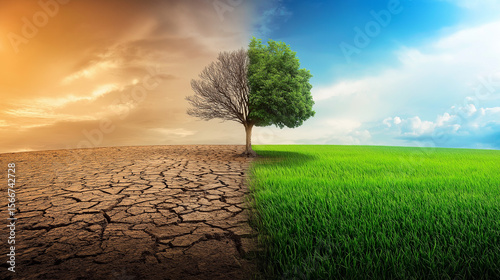 Climate change impact drought and lush growth divide nature landscape environmental contrast dramatic viewpoint
