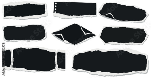 Collection of nine black torn paper pieces with white edges and shadows on a white background for design