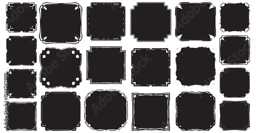 Collection of diverse black decorative frames and borders with a hand drawn grunge texture and unique ornate shapes